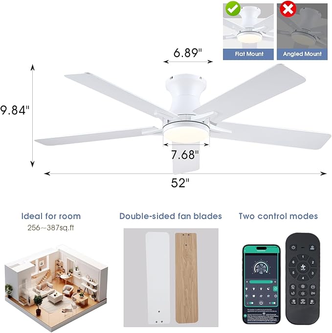 Low Profile Ceiling Fans with Lights and Remote Control, 52" White Ceiling Fans with Reversible Quiet Motor, Modern Flush Mount Ceiling Fan Light for Indoor&Outdoor with Cover