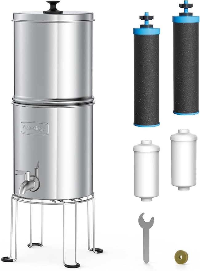 Alkaline Waterdrop Gravity-fed Water Filter System, Increase PH, Reduces Fluoride and up to 99% of Chlorine, with 4 Filters and Metal Spigot, King Tank Series, 2.25G