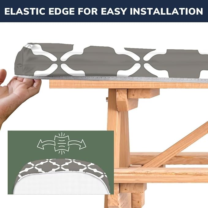 CAPSCEOLL Fitted Picnic Table Cover with Bench Covers with Elastic 8Ft Waterproof Picnic Table Cloths Windproof Outdoor Camping Tablecloth with Drawstring Bag, 96X30in, White Grey