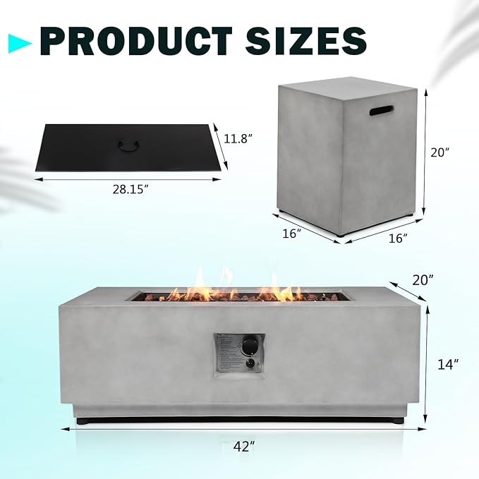 42" Rectangular Propane Fire Pit – 50,000 BTU Concrete Fire Pit with Tank Cover – 2-Piece Outdoor Firepits – Gas Fireplace for Deck or Patio
