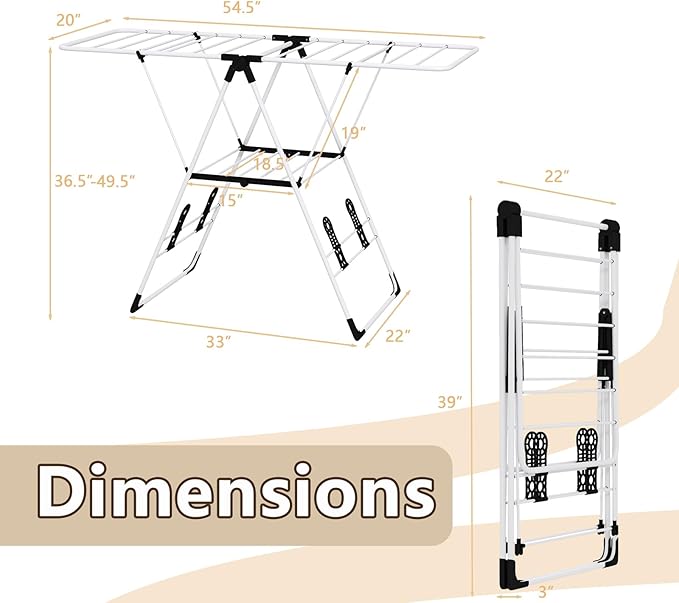 Tangkula Clothes Drying Rack, Collapsible Laundry Rack with Hanging Rods, Shoe Hangers, Adjustable Gullwing and Foldable Design for Space-Saving, Stainless Steel Clothing Shelf