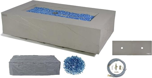 Elementi+ | Meteora Gas Fire Pit Cast Concrete 56" Rectangular Fire Table, Outdoor Fire Pit Electronic Ignition | Canvas Cover, Fire Glass and Burner Lid Included | Light Gray | Propane Gas