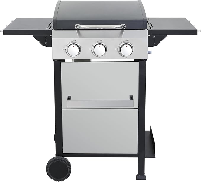 3-Burner Portable Propane Gas Grill with Stainless Steel Plancha Griddle - 36900 BTU Outdoor BBQ Grill with Foldable Side Shelves, Enamel Cooking Grids & Tool Hanging Basket