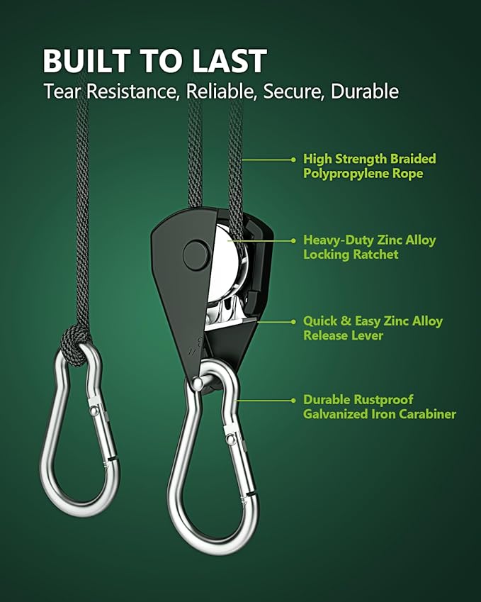 4-Pack 1/8" Adjustable Rope Hanger, Heavy Duty Ratchet Tie Down Strap with Reinforced Metal Gear, Ratcheting Pulley System Kayak Straps for Hanging Plants Grow Light and Various Tie-Down Uses
