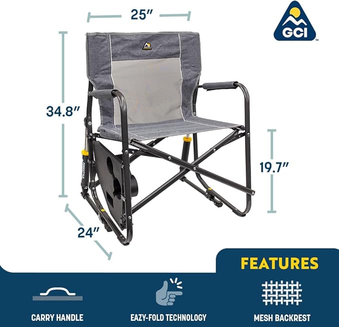 GCI OUTDOOR Freestyle Rocker with Side Table Camping Chair | Portable Folding Rocking Chair with Solid, Durable Armrests, Drink Holder & Comfortable Backrest — Heathered Indigo