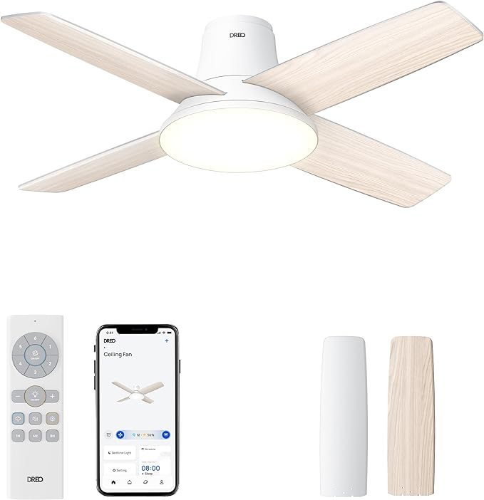 Dreo Ceiling Fans with Lights, 12 Speeds & 3 Fan Modes, Quiet DC Motor, Low Profile Easy to Install, Flush Mount Smart Ceiling Fan with Dimmable LED, 12H Timer for Bedroom, Remote, White, 44''