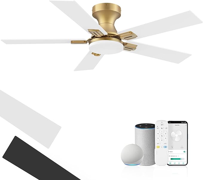 42inch Smart Low Profile Ceiling Fan with Lights Remote,Quite DC Motor,WiFi Voice Control via Alexa,Outdoor Indoor Modern Flush Mount Ceiling Fans,for Small Bedroom Patio Porch,Glod and White Black