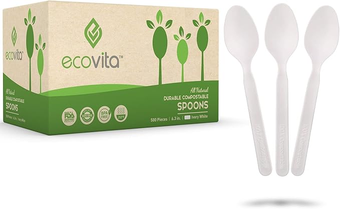 100% Compostable Spoons - 500 Large Disposable Utensils (6.5 in.) Bulk Size Eco Friendly Durable and Heat Resistant Alternative to Plastic Spoons with Convenient Tray