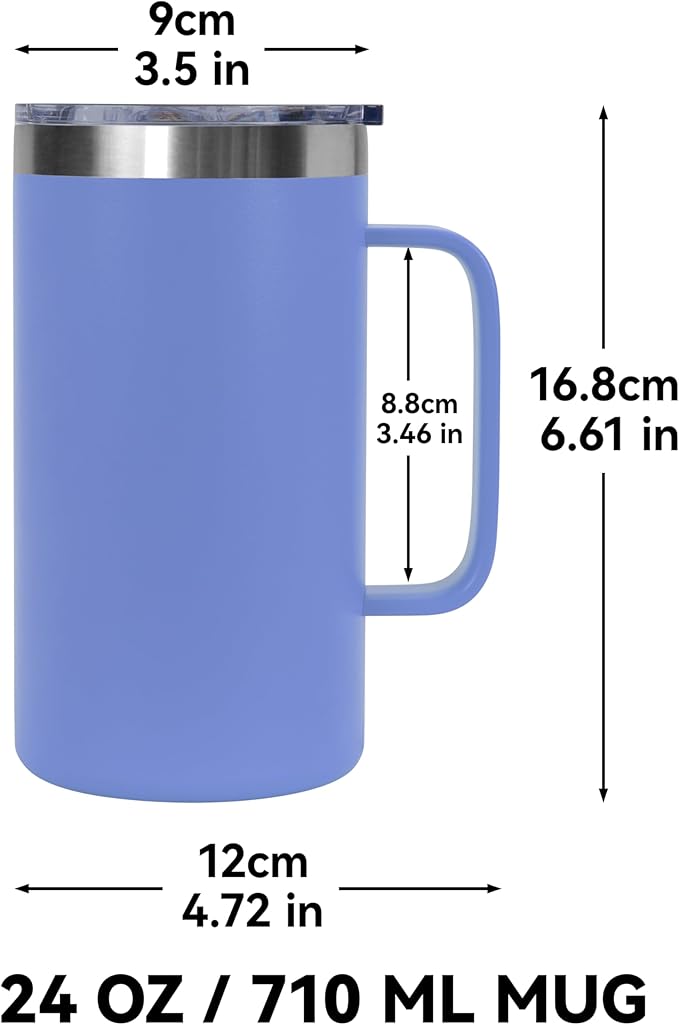 DOMICARE 24oz Mug with Handle and Lid, Stainless Steel Coffee Mug, Travel Mug with Handle, Double Wall Vacuum Coffee Tumbler, Reusable Insulated Cup, Blue, Pack 4