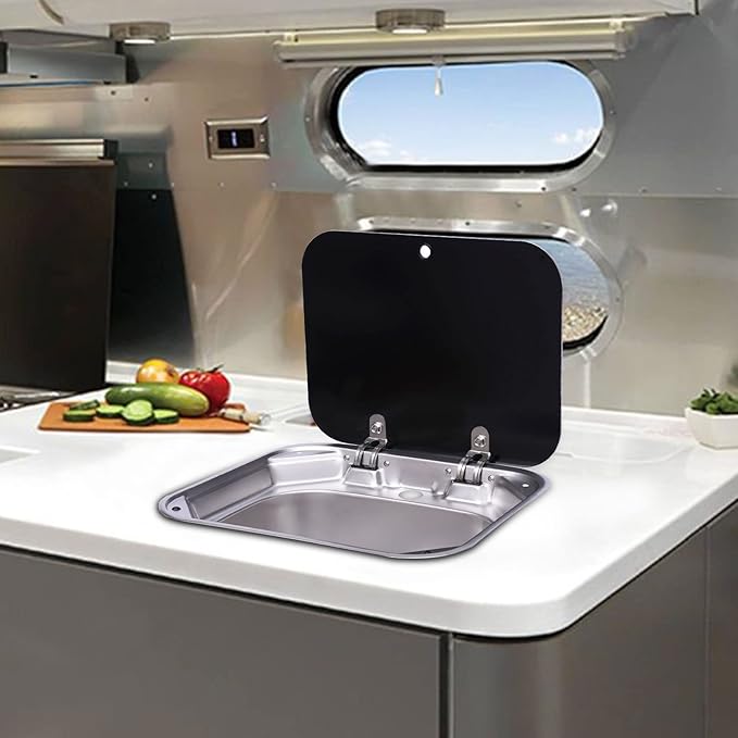 17-Inch Undermount RV Bar Kitchen Sink Workstation Single Bowl Stainless Steel Hand Wash Basin Drop In Sink with Folde Lid Cover Accessories and for RV Bar Cafe Boat Kitchen Camper Van Outdoor BBQ