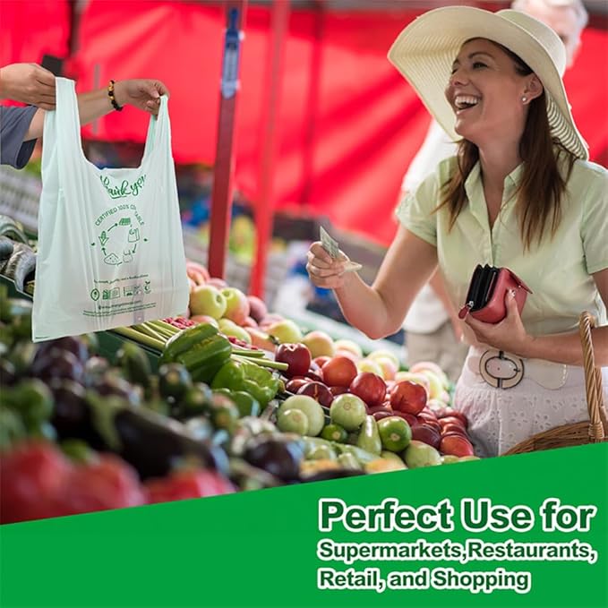 (Large) OrangeBio Certified Home Compostable Shopping Bags, 500ct, 12"x 6" x 20" (Extra Thick), Hold 20 lbs, Thank You/Grocery/Take Out/T Shirt/To-Go Bags for Retail, Grocery Store