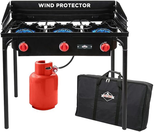 Hike Crew Cast Iron 3-Burner Outdoor Gas Stove | 225,000 BTU Portable Propane Cooktop w/Blue Flame Control, Removable Legs, Temperature Control Knobs, Wind Panel, Hose, Regulator & Storage Carry Case