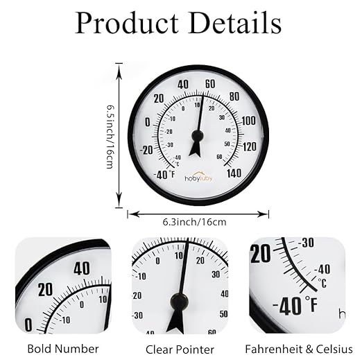 Indoor Outdoor Thermometer, 6.5'' Outdoor Wall Thermometer No Battery Needed, Waterproof Outdoor Thermometers for Patio, Garden, Home