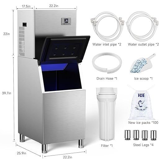 Commercial Ice Maker Machine 550Lbs/24H – 12 Adjustable Thickness Settings, 400Lbs Storage, Ideal for Restaurant, Bar, Hotel, Cafe