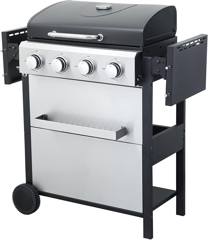 4-Burner Propane Gas BBQ Grill, 34,200 BTU Output With Wire Enamel Cooking Grids For Outdoor Barbecue, Stainless Steel Foldable Side Table, Hanging Basket,Black Silver