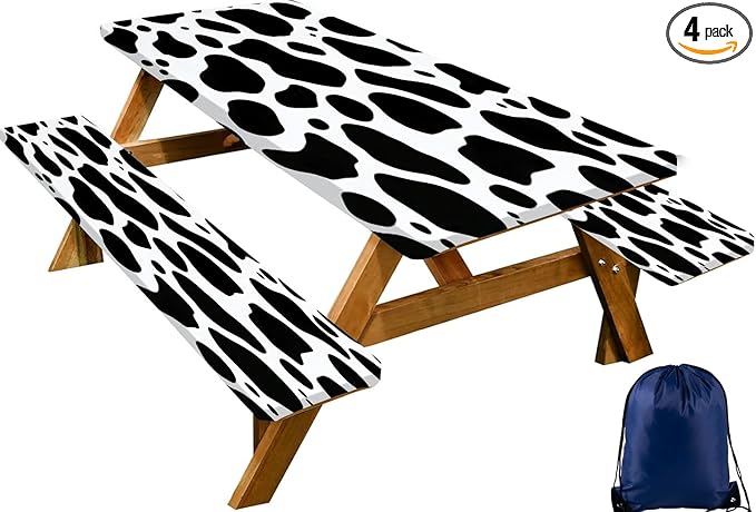 CAPSCEOLL Fitted Picnic Table Cover with Bench Covers with Elastic 6Ft Waterproof Camping Picnic Table Cover Cloths for Outdoors Camping Tablecloth with Drawstring Bag, 72X30in, Black White