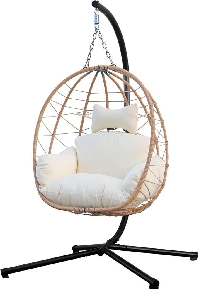 Egg Chair with Stand, Uv-Proof Pe Wicker Hanging Chair for Outdoor Patio, Cushioned Hammock Swing for Bedroom Garden Indoor/Outdoor, Double-Zipper Structure Hanging Egg Chair (Yellow and White)