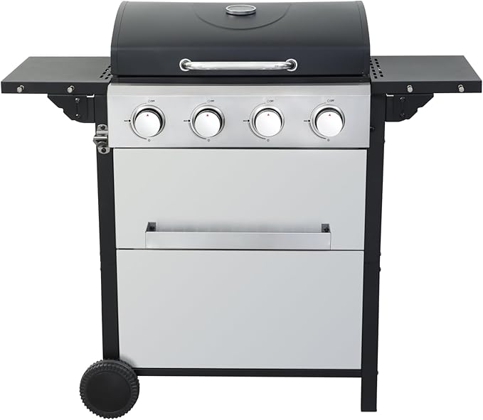 4-Burner Portable Propane Gas Grill with Stainless Steel Plancha Griddle - 34200 BTU Outdoor BBQ Grill with Foldable Side Shelves, Enamel Cooking Grids & Tool Hanging Basket
