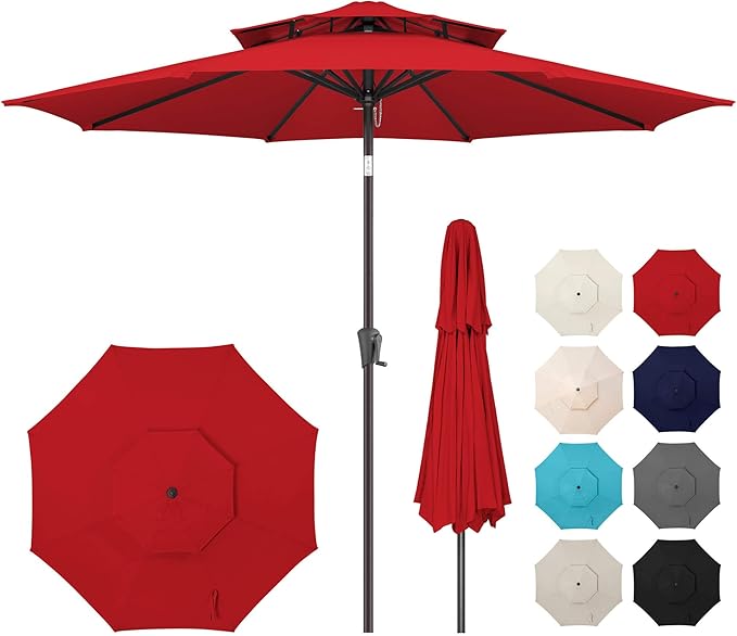 9ft Outdoor Patio Umbrella - 2 Tiers Table Umbrella Waterprool UV Protection, Sombrillas de Patio with Push Button Tilt&Crank, Sun Umbrella for Pool, Porch, Garden, Backyard(Red)