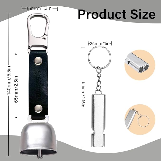 Bear Bell with Magnetic Silencer|Bear Bells for Hiking & Camping|Bear Deterrent Device with Emergency Whistle & Carabiner to Scare Animals|Bear Alarm for Outdoor Biking Fishing Climbing