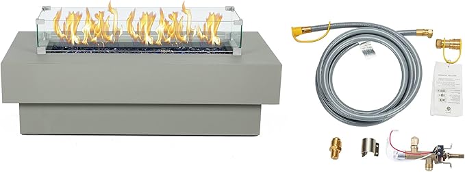 48-inch Fire Table with Natural Gas Conversion Kit & Wind Glass Shield, 50,000BTU Outdoor Modern Patio Fire Pit Table w/Rectangular Burner Lid, Glass Rocks, Cover