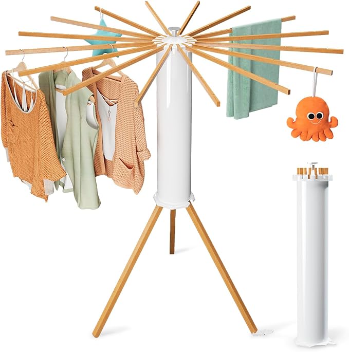 Cylinder Tripod Clothes Drying Rack - 16 Expandable Rods | Standing Octopus Drying Rack Clothing | Space Saving Master | Collapsible Compact for Laundry Room Household & Indoor | Solid Wood