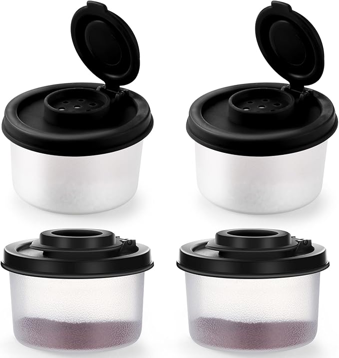 4 Pcs Salt and Pepper Shakers Set Mini Plastic Pepper Shaker with Lid Damp Proof Popcorn Containers Clear Spice Jars Salt Shaker for Travel Camping Picnic Lunch Dining Kitchen (Black, Small)