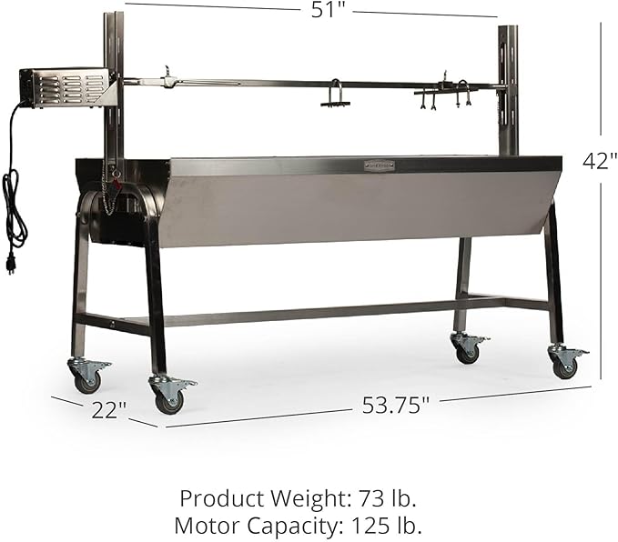 Ash & Ember 25W Stainless Steel BBQ Rotisserie Grill, 4 RPM Rotation Speed, Rated 125 LB for Large Game, Portable Electric Outdoor Roaster with Dual Prongs, Single Leg Bracket, and Spine Fork