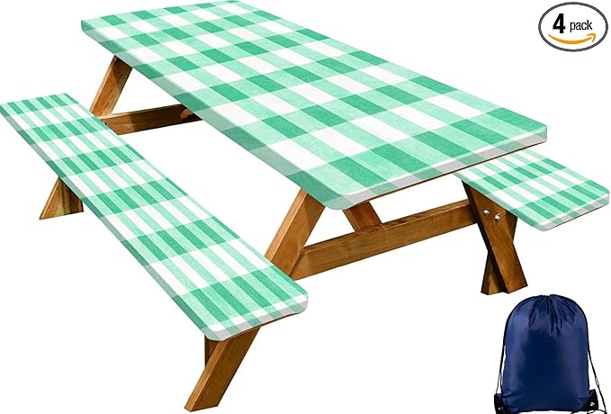 CAPSCEOLL Fitted Picnic Table Cover with Bench Covers with Elastic 8Ft Waterproof Camping Picnic Table Cover Cloths for Outdoors Camping Tablecloth with Drawstring Bag, 96X30in, Green Checkered