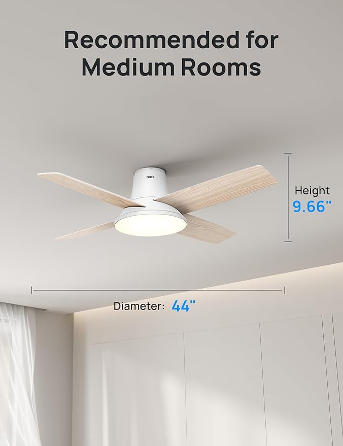 Dreo Ceiling Fans with Lights, 12 Speeds & 3 Fan Modes, Quiet DC Motor, Low Profile Easy to Install, Flush Mount Smart Ceiling Fan with Dimmable LED, 12H Timer for Bedroom, Remote, White, 44''