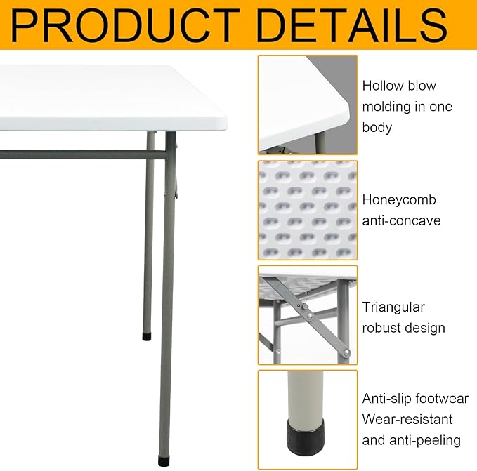 Folding Table 3ft Rectangular All-Occasion Plastic Folding Event Table for Indoor and Outdoor, Portable Desk, Camping, Durable and Stable, HDPE and Steel, Wide Application, White