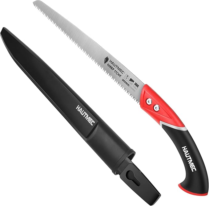 HAUTMEC 12" Pruning Hand Saw, A Pull Stroke Saw with Straight SK5 Steel Blade, Trapezoidal Teeth and Scabbard, for Pruning, Woodworking, Sharp Stone Series, HT0305