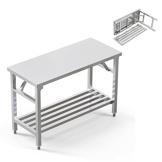 Folding Stainless Steel Table with Adjustable Table Corners and Lower Removable Shelf 20X45 Inches for Outdoor Camping, Maintenance Room, Storage, Kitchen (with undershelf)