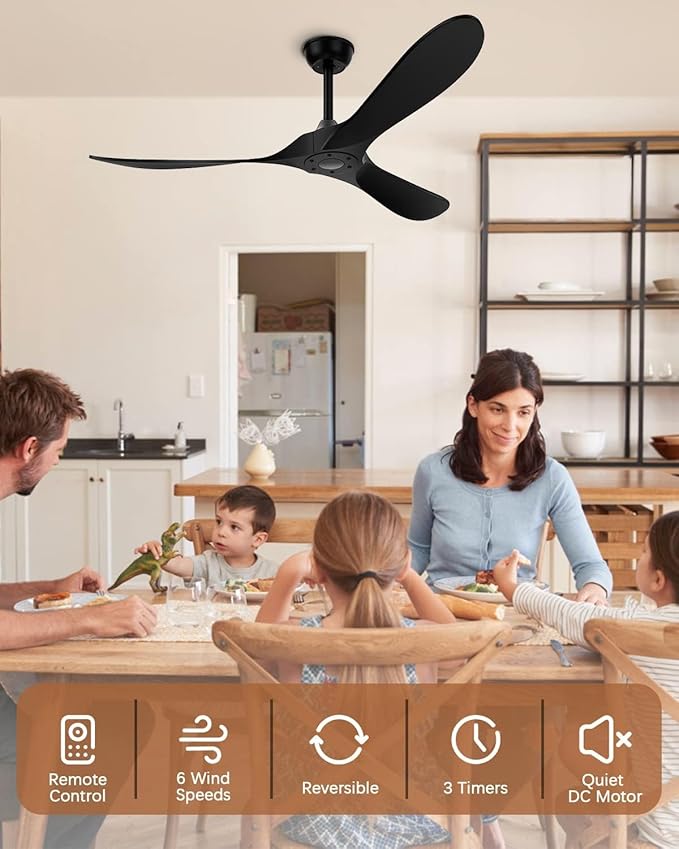 Black Ceiling Fan No Light, 52 in Outdoor Ceiling Fan with Remote, Indoor Ceiling Fans without lights 3 Blades, 6 Speed Reversible DC Motor Modern for Patios, Kitchen, Bedroom, Porch (Black)