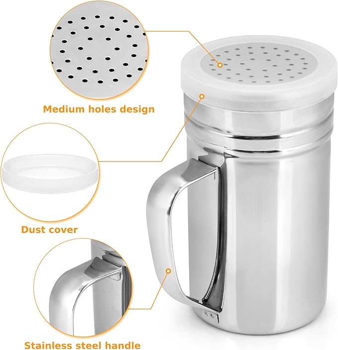 Accmor 2pcs Stainless Steel Dredge, Salt Pepper Dredge Shakers with Handle, Seasonings Spice Shakers with Lid, 14 Ounce