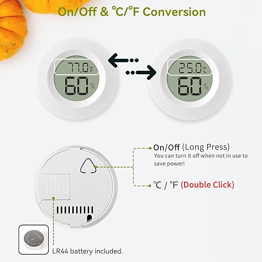 2-Pack Mini Hygrometer & Thermometer, Indoor Outdoor Digital Humidity Meter Gauge Temperature, ℉/℃, for Home, Office, Reptile, Car, Greenhouse, Lab, Terrarium, Cellar.. A01 White