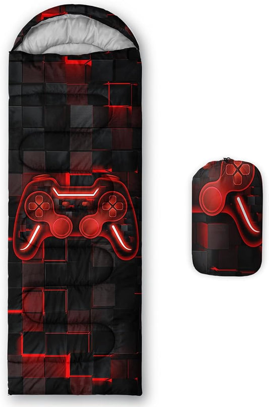 Axolotl Gamepad Sleeping Bag,3 Season Warm and Cool Weather Game Console Sleeping Bag for Boys Teens,Waterproof Lightweight Geometry Hexagonal Sleeping Bag for Traveling,Outdoors Camping,Blue,Black