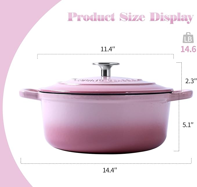 Enameled Cast Iron Covered Dutch Oven with Lid Round Pot for Bread Baking, 7 Quart, Pink