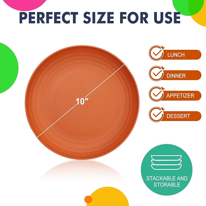 Homienly 10 inch Wheat Straw Dinner Plates Set of 8 - Alternative to Plastic, Microwave & Dishwasher Safe, Unbreakable Kids Plates with 4 Colors (Classic Bright)
