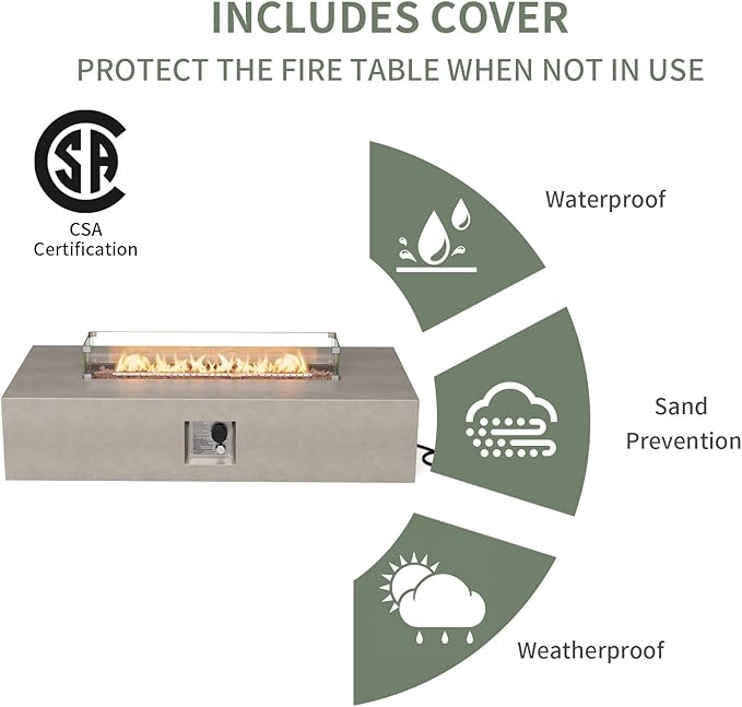 COSIEST 2-Piece Outdoor Propane Fire Table Set, Rectangle Concrete 56" x 28" Gray Fire Pit (CSA Certified, 50,000 BTU) w 20lb Tank Table, Wind Guard, Waterproof Cover for Garden, Porch, Backyard