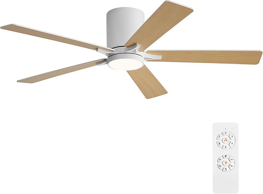 WINGBO 48" DC Flush Mount Ceiling Fan with Lights, 6-Speed Reversible DC Motor, 3CCT, Low Profile Hugger Ceiling Fan for Living Room Bedroom Kitchen, White Finish and White/Oak Blades