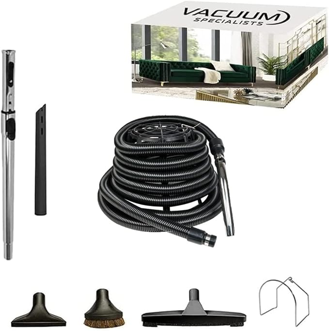 BASIC Garage Central Vacuum Accessory Kit | 30 Feet Air Hose & Deluxe Cleaning Kit [Fit All Central Vacuum Brands]
