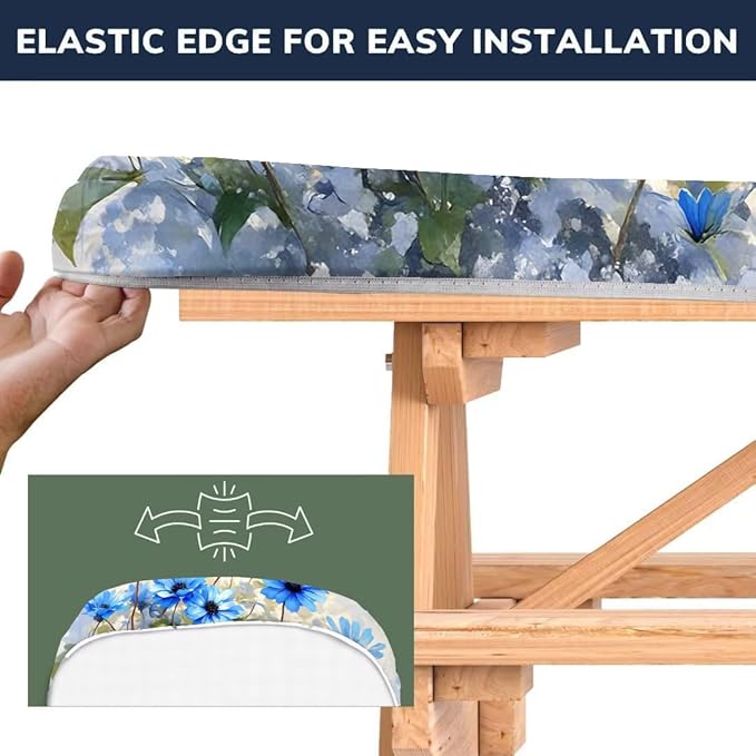 CAPSCEOLL Elastic Picnic Table Cover with Bench Covers 5Ft Waterproof Fitted Picnic Table Cover Cloths for Outdoors Camping Tablecloth with Drawstring Bag, 60X30in, Blue Flowers