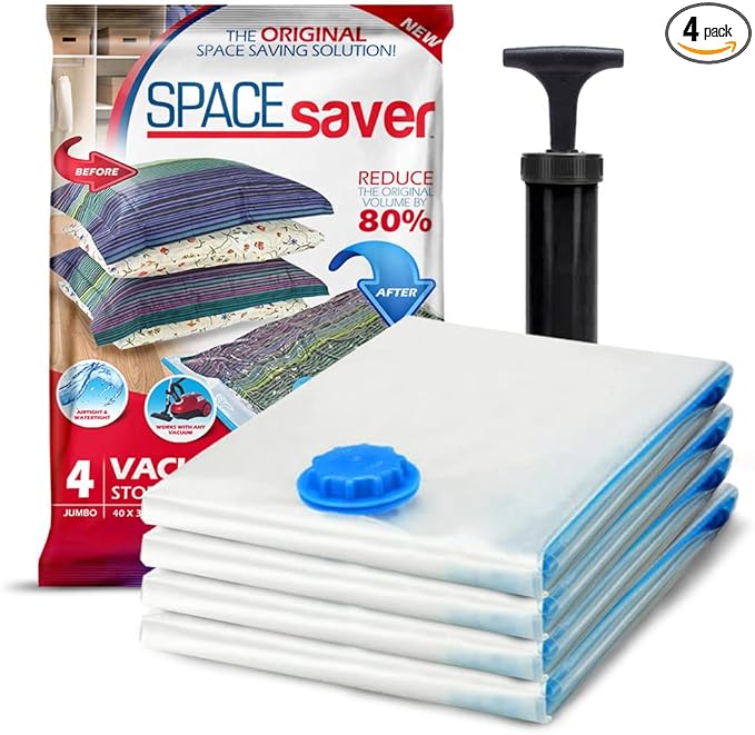 4 Pack Jumbo Vacuum Storage Bags for Comforters, Blankets & Clothes – Jumbo Vacuum Sealed Compression Bags with Hand Pump – Space Saver Storage Bags for Bedding, Moving, Travel & Organization