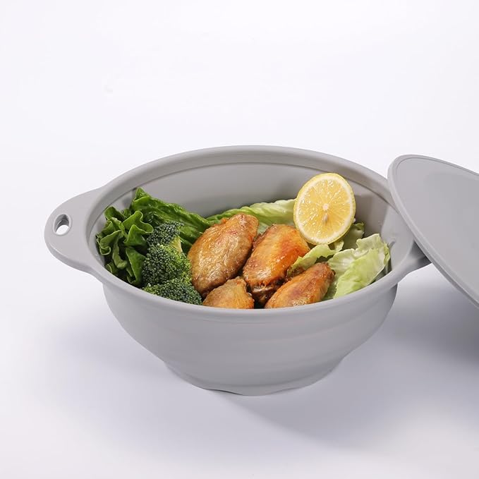 Collapsible Bowl Set 64 oz Collapsible Salad Bowl Collapsible Bowl with Lid Silicone Foldable Bowl Camping Bowl Set (Grey), Large, Gray