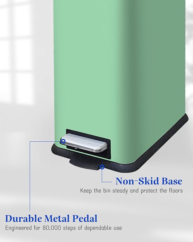 8 Gallon Slim Trash Can with Soft Close Lid, Stainless Steel Trash Can with Removal Inner Bucket, Hand -Free Trash Bin for Kitchen, Office, Laundry, Bathroom, 30 Liter Capacity, Green