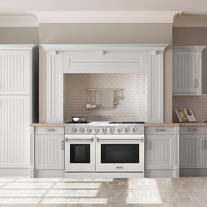 48 inch Pro-Style Natural Gas Range or Liquid Propane Gas Range with 6 Burners & 1 Griddle Cooktop, Double 4.6 cu. ft. and 2.2 cu. ft. Oven, in Stainless Steel - KOS-48RG03M (Red)