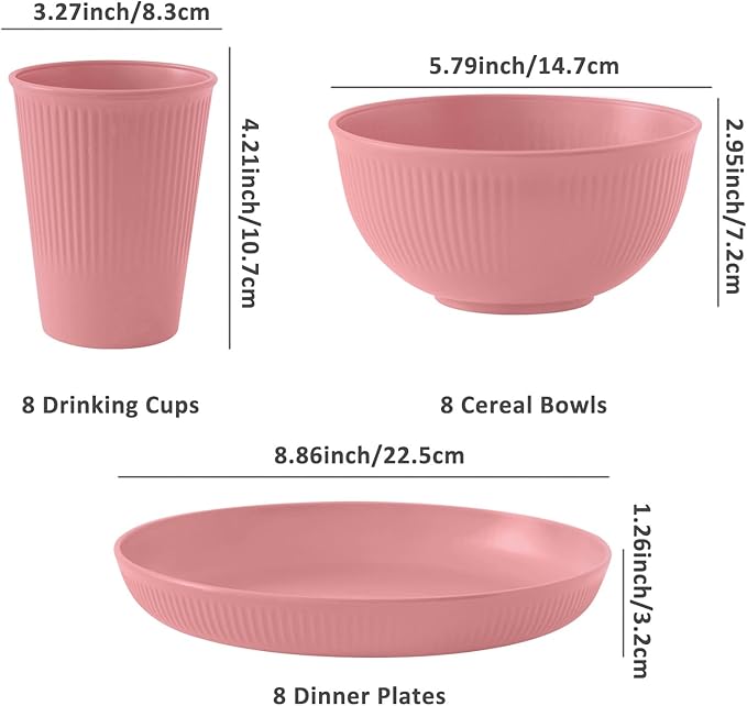 24pcs Wheat Straw Dinnerware Sets For 8, Unbreakable Plates and Bowls Wheat Straw Dinnerware Microwavable Cups Plates and Bowls Sets Shatterproof For Outdoor Kitchen Camping