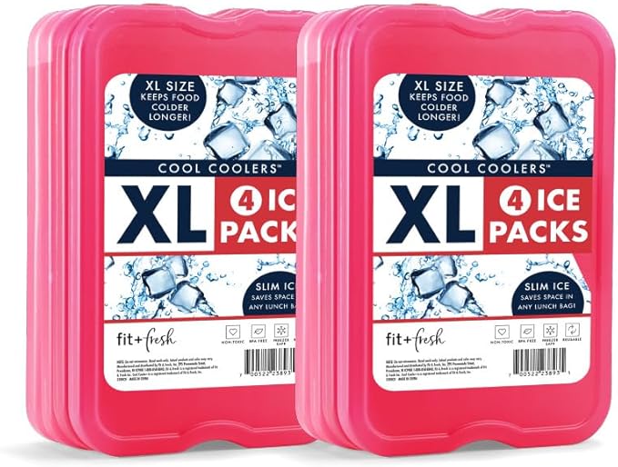 Cool Coolers by Fit + Fresh, Reusable & Long-Lasting XL Slim Ice Packs, Cold Packs for Lunch Boxes, ice Pack for Lunch Bags. Cooler Accessories for Camping, Beach, Lunch, and Work, 8PK, Pink