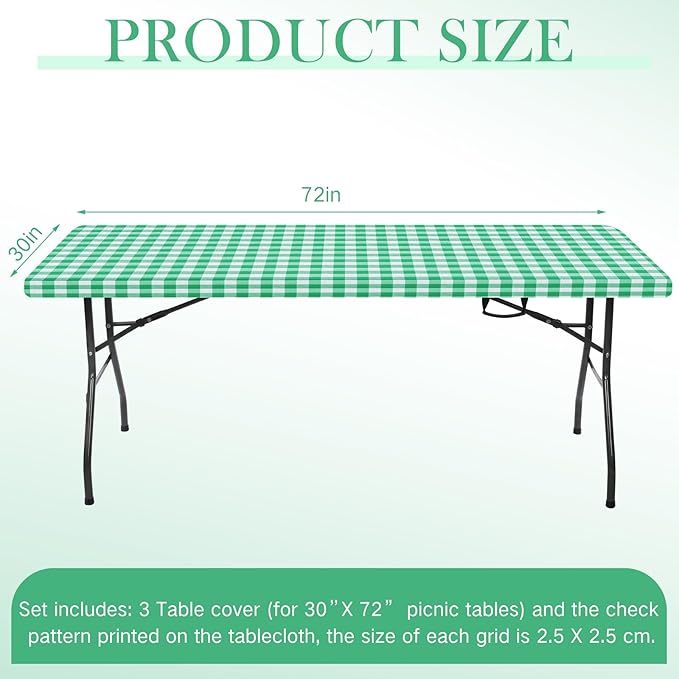 3 Pcs Plastic Picnic Table Cover Checkered Tablecloth Fitted Rectangular Table Cloth 30 x 72 Inch Vinyl Waterproof Flannel Backed with Elastic Rim for Indoor Outdoor Picnic Party(Green and White)